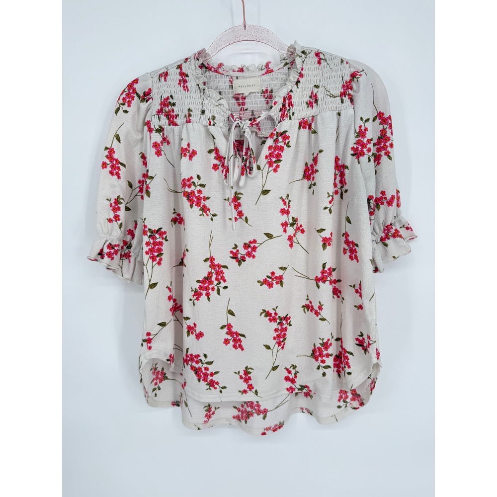 Melloday White Floral Print Smocked Neck Short Sleeve Tie Blouse Women's Size S